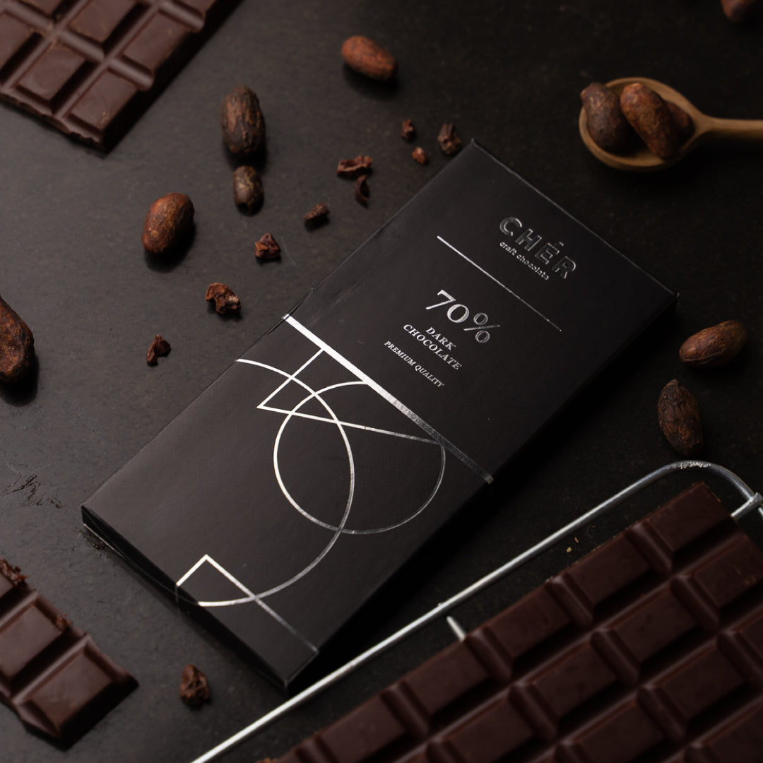 CHER CHOCOLATE - 70% Dark Chocolate Bar Premium | Pure Cocoa Butter | Halal | 66g
