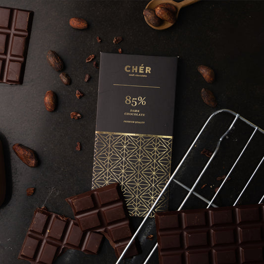 CHER CHOCOLATE - 85% Dark Chocolate Bar Premium | Pure Cocoa Butter | Halal | 66g