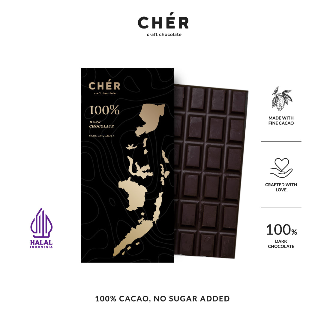 CHER CHOCOLATE - 100% Dark Chocolate Bar Premium | Pure Cocoa Butter | Halal | 66g