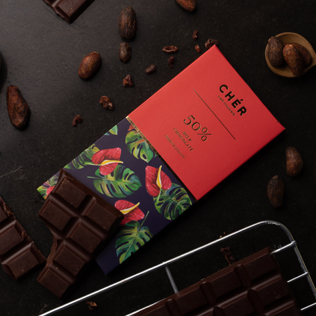 CHER CHOCOLATE - 50% Dark Milk Chocolate Bar Premium | Pure Cocoa Butter | Halal | 66g
