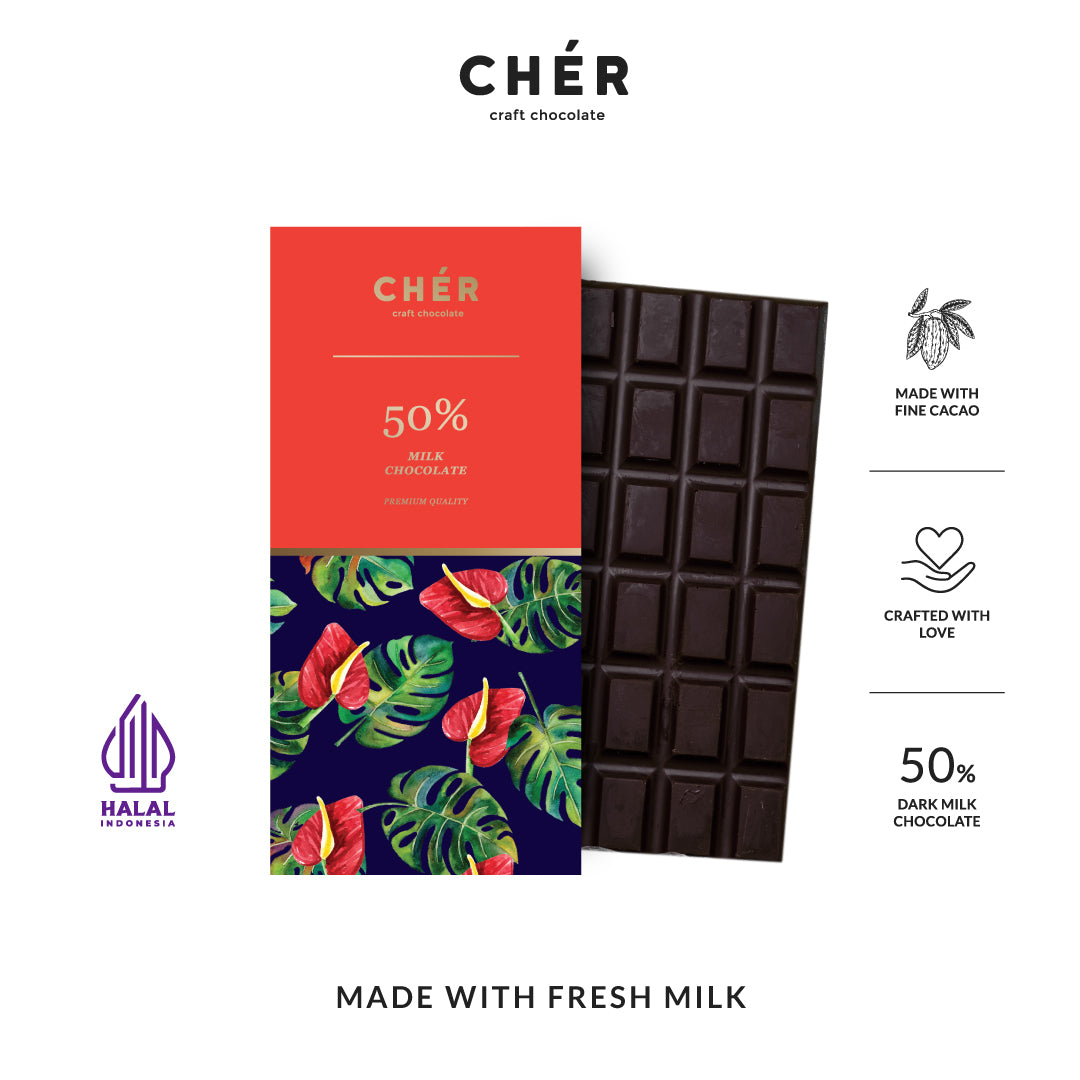 CHER CHOCOLATE - 50% Dark Milk Chocolate Bar Premium | Pure Cocoa Butter | Halal | 66g