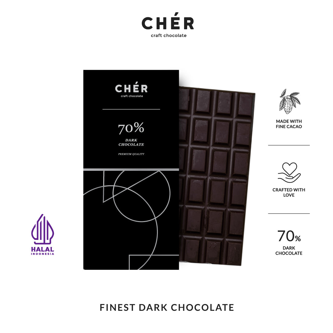 CHER CHOCOLATE - 70% Dark Chocolate Bar Premium | Pure Cocoa Butter | Halal | 66g