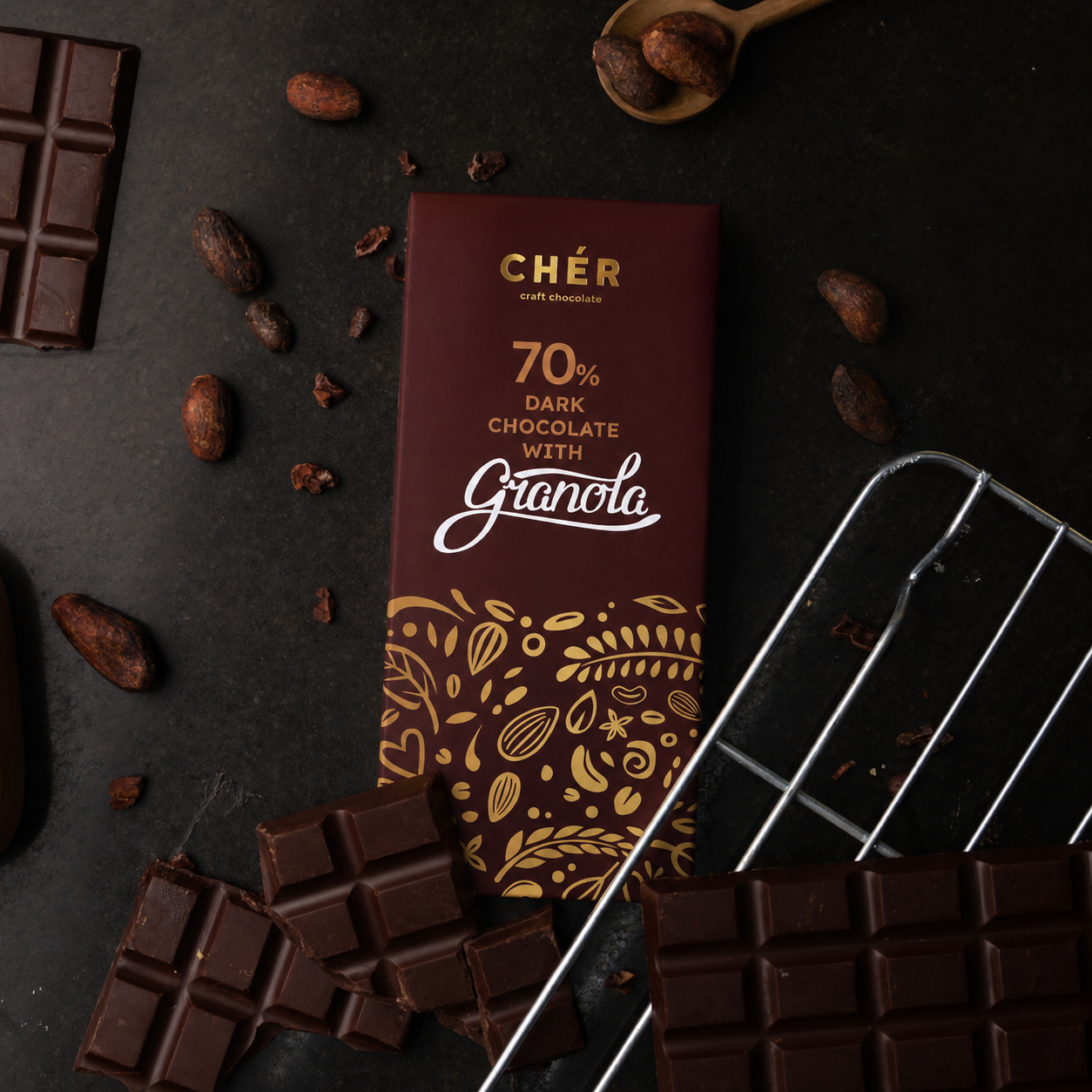 CHER CHOCOLATE - 70% Dark Chocolate Granola Bar Premium | Pure Cocoa Butter | Halal | 66g