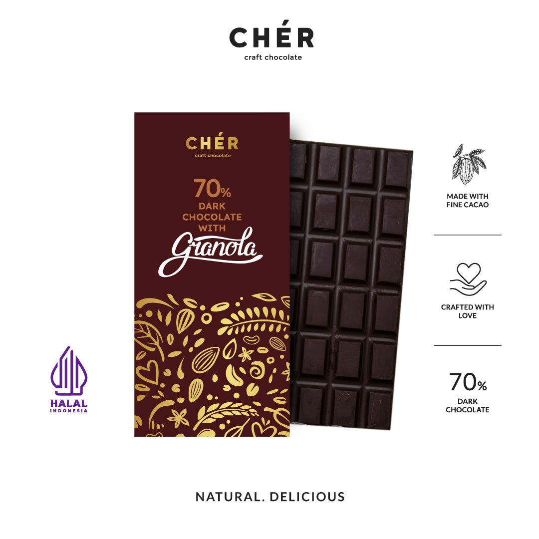 CHER CHOCOLATE - 70% Dark Chocolate Granola Bar Premium | Pure Cocoa Butter | Halal | 66g