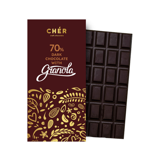CHER CHOCOLATE - 70% Dark Chocolate Granola Bar Premium | Pure Cocoa Butter | Halal | 66g